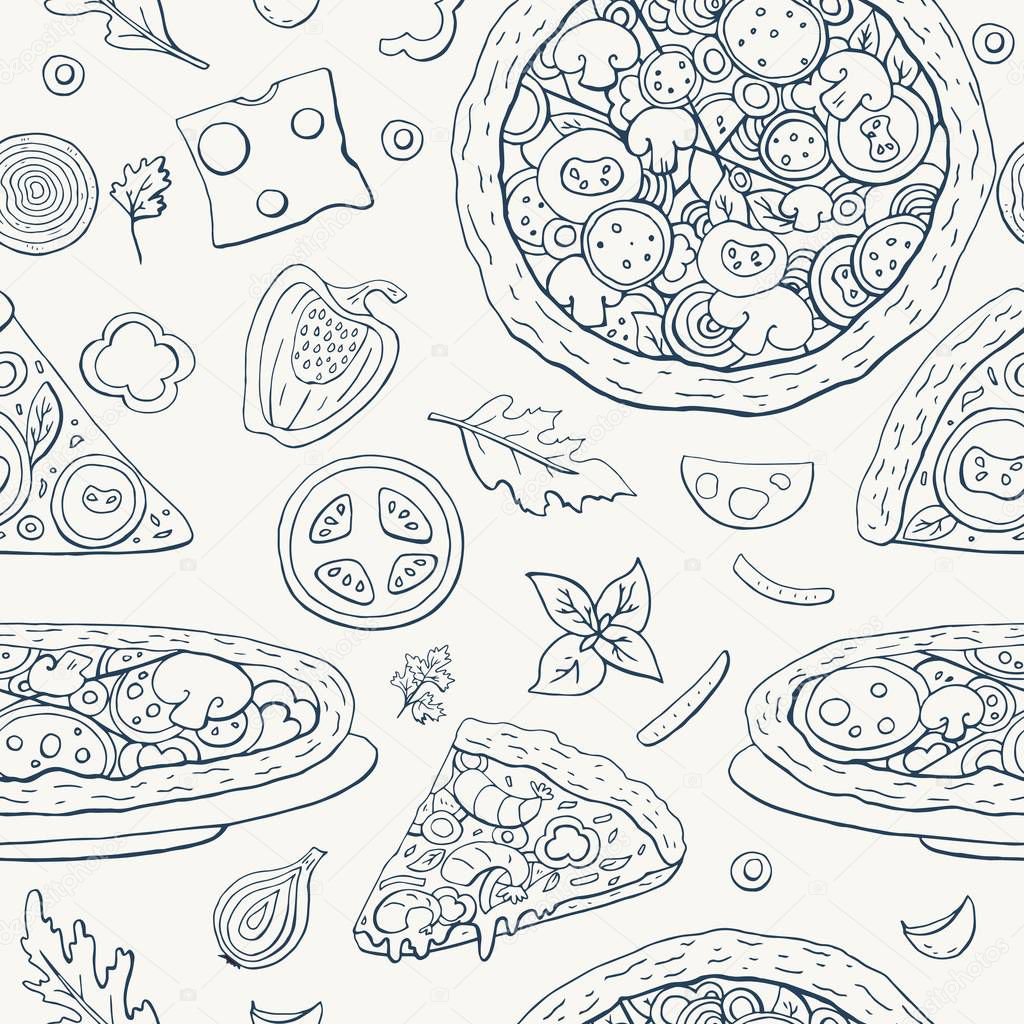 Seamless pattern with pizza and vegetables on  a light background. Vector pattern with italian food