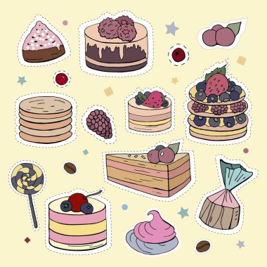 Yamalar ile farklı tip-in kekler ve tatlılar. Vektör doodle 