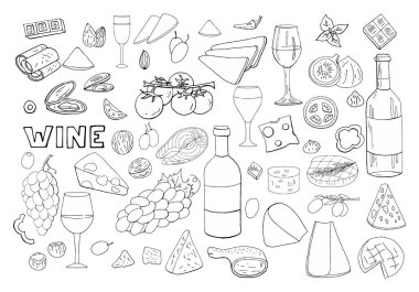 Şaraplar, farklı peynir, üzüm, sebze ile teklif elle çizilmiş ayarla