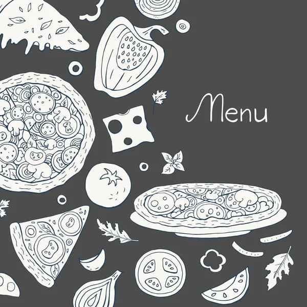 Vintage pizzaria no fundo preto. Vector doodle pizza — Vetor de Stock