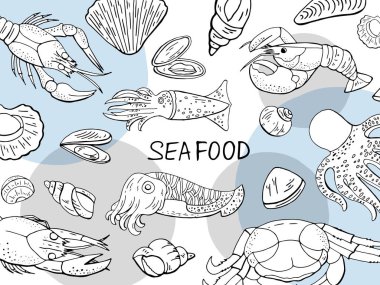 El deniz ürünleri toplama beyaz zemin üzerine çekilmiş. Vektör seafoo