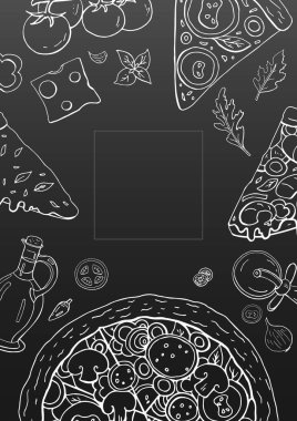 Vintage dikey pizza afiş siyah arka plan üzerine. Vektör outlin
