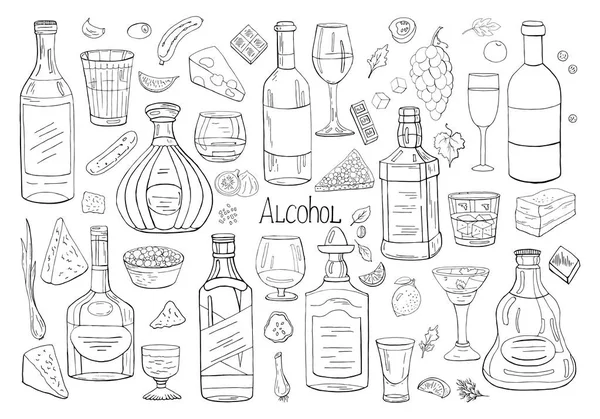 Vecteur dessiné à la main grand ensemble d'éléments d'alcool isolé sur blanc — Image vectorielle