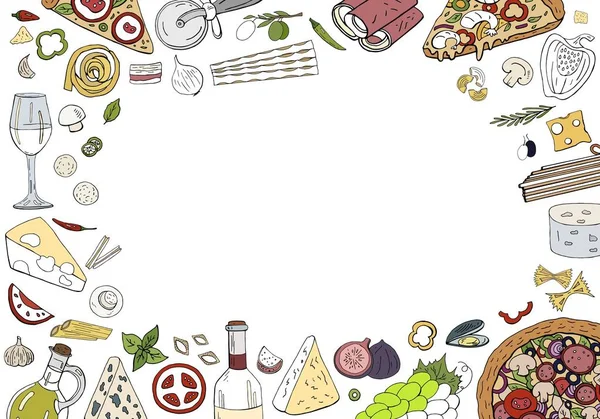 Векторный ручной рисунок горизонтального фона с итальянской пищевой изоляцией — стоковый вектор