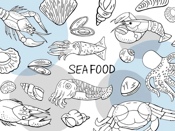 Коллекция морепродуктов на белом фоне. Векторное море — стоковый вектор
