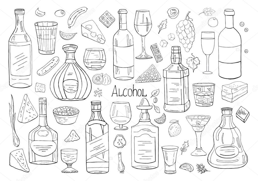 Vector hand drawn big set of alcohol elements isolated on white 