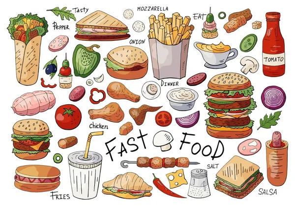 Grand ensemble d'éléments de couleur fast food : sandwichs, hamburgers, collations — Image vectorielle