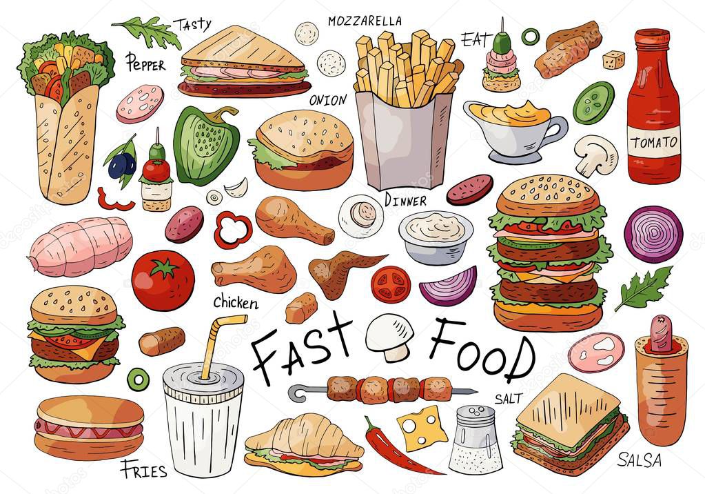 Big set of fast food color elements: sandwiches, burgers, snacks