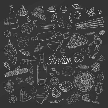 Siyah arka plan üzerinde vintage elle çizilmiş İtalyan yemeği koleksiyon. 