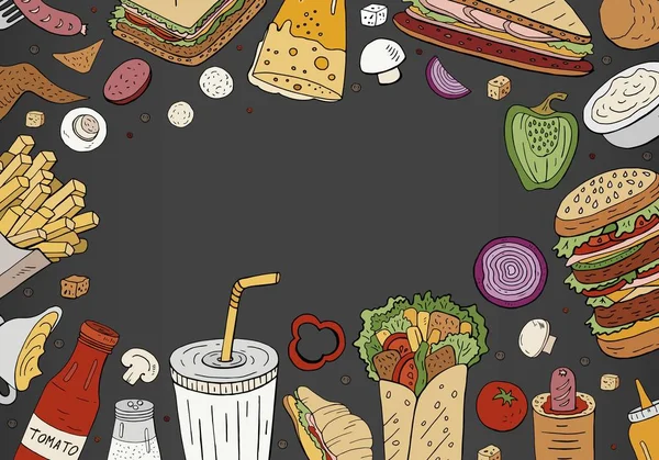 Vector de fondo de comida rápida, vista superior sobre fondo negro con s — Archivo Imágenes Vectoriales