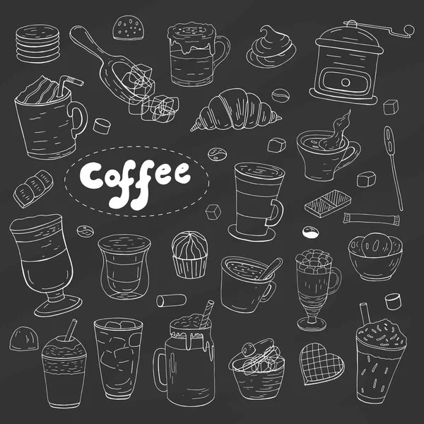 Vintage different types of coffee elements on black background. — Stock Vector