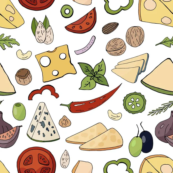 Απρόσκοπτη τροφίμων μοτίβο με τυρί και λαχανικά στοιχεία. Vecto — Διανυσματικό Αρχείο