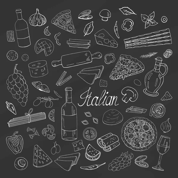 Vintage hand drawn italian food collection on black background. — Stock Vector