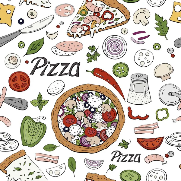 Beyaz sorunsuz İtalyan pizza desen. Vektör el çizilen renk