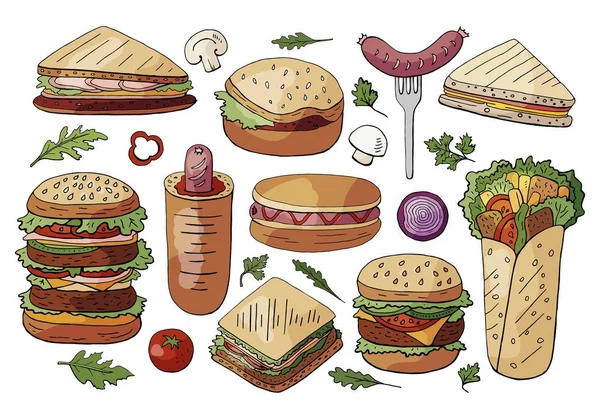 Különböző utcai élelmiszer, szendvicsek és hamburgerek elszigetelt — Stock Vector