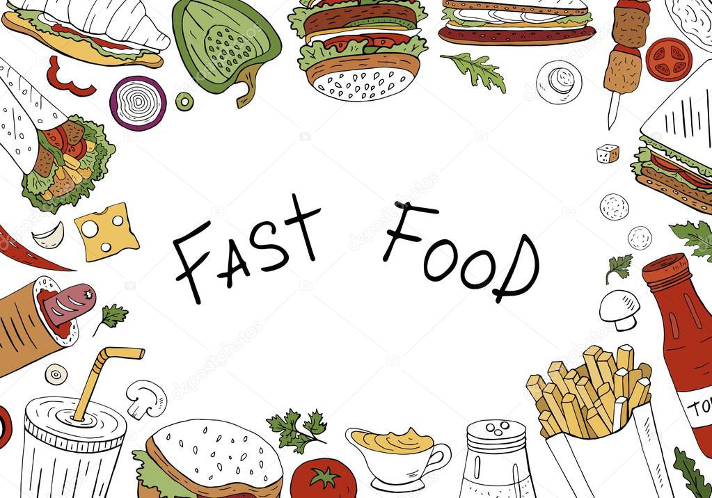 Vector fast food background, top view on white background with s