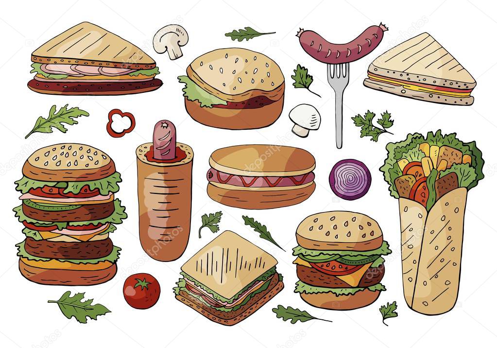 Set of different street food, sandwiches and burgers isolated on