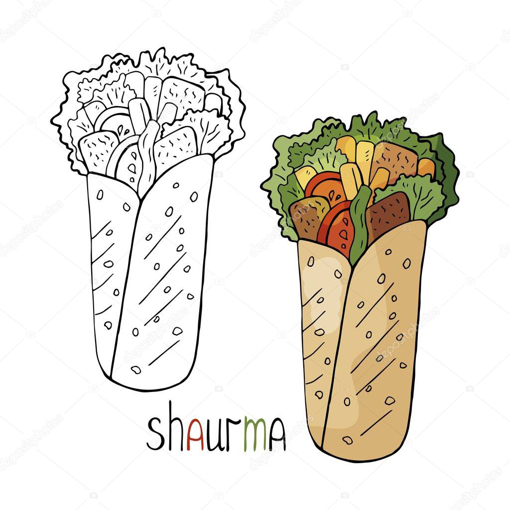 Hand drawn shaurma black and white and color isolated on white b