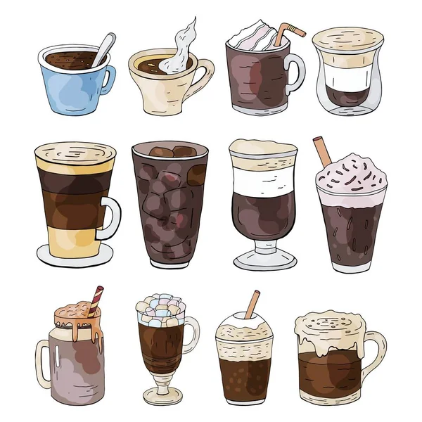 Set de diferentes tipos de café dibujados a mano aislados en ba blanca — Archivo Imágenes Vectoriales