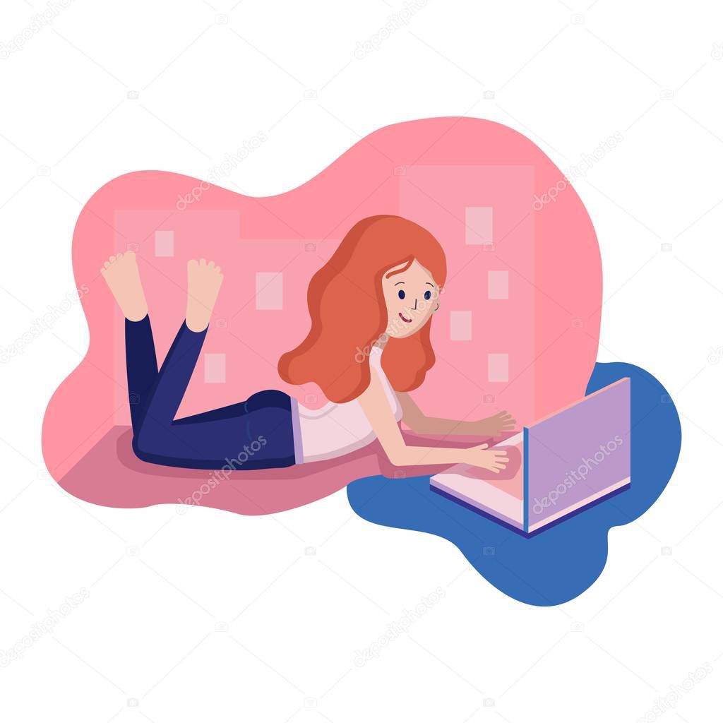 Young girl  character with red hair at the computer. Flat Style 