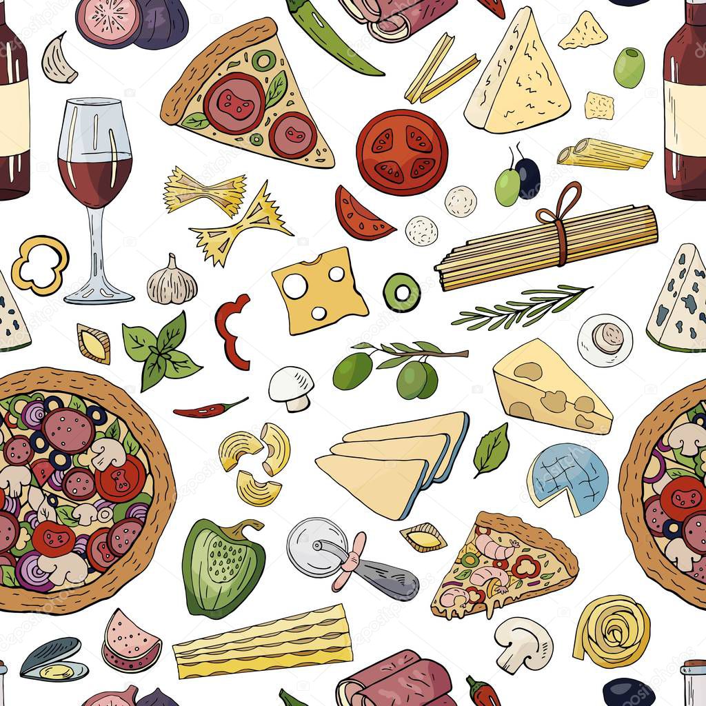 Seamless vector hand drawn pattern with italian food - pasta, pi