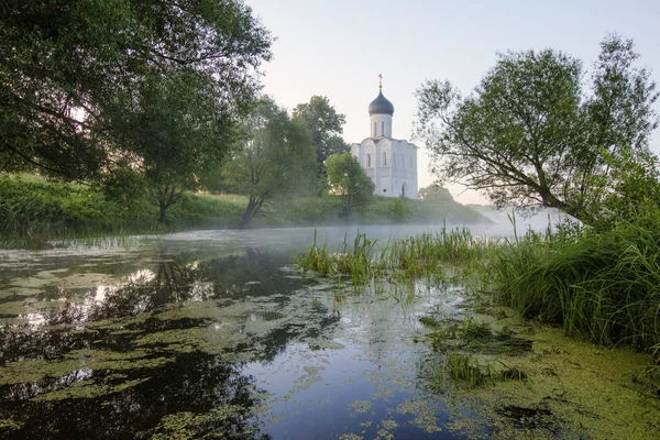 Покровская церковь на Нерле, рассвет и туман. Владимирская область — стоковое фото