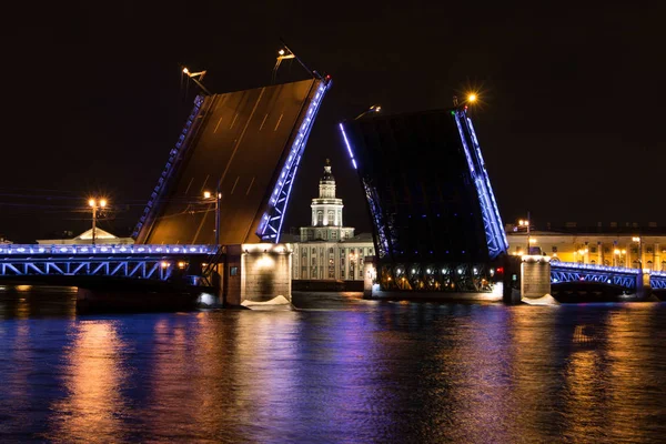 Apertura del Puente del Palacio en San Petersburgo. Vista de la Kunscamera — Foto de Stock