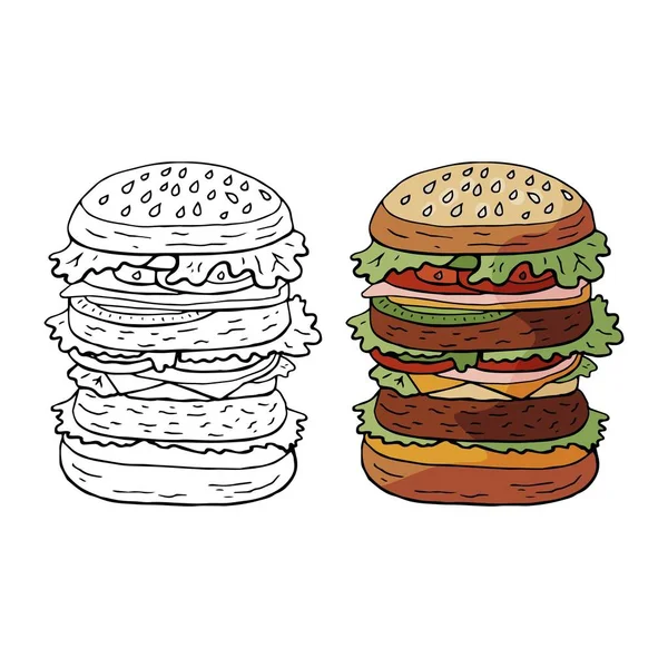 Вектор черно-белый и цветной огромный гамбургер на s — стоковый вектор