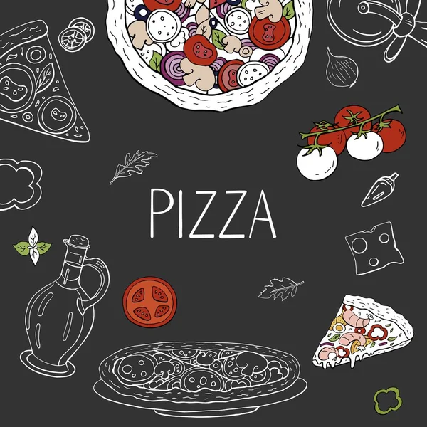 Banner de pizza vertical vintage no fundo preto. Mão de vetor d — Vetor de Stock