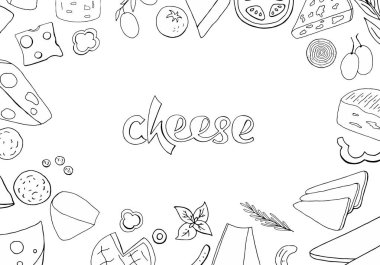 Beyaz arka plan üzerinde izole çizilmiş anahat peynir öğeleri kümesi. Vektör anahat peynir toplama