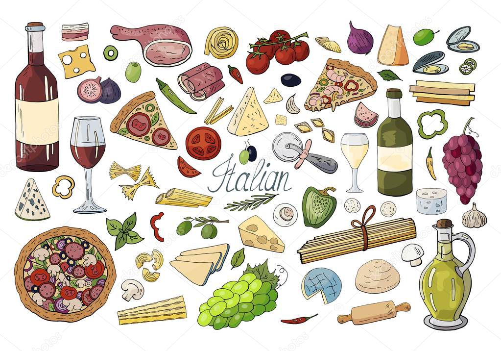 Vector hand drawn pattern with italian food - pasta, pizza, cheeses, wine and vegetables on white backgroundDescription