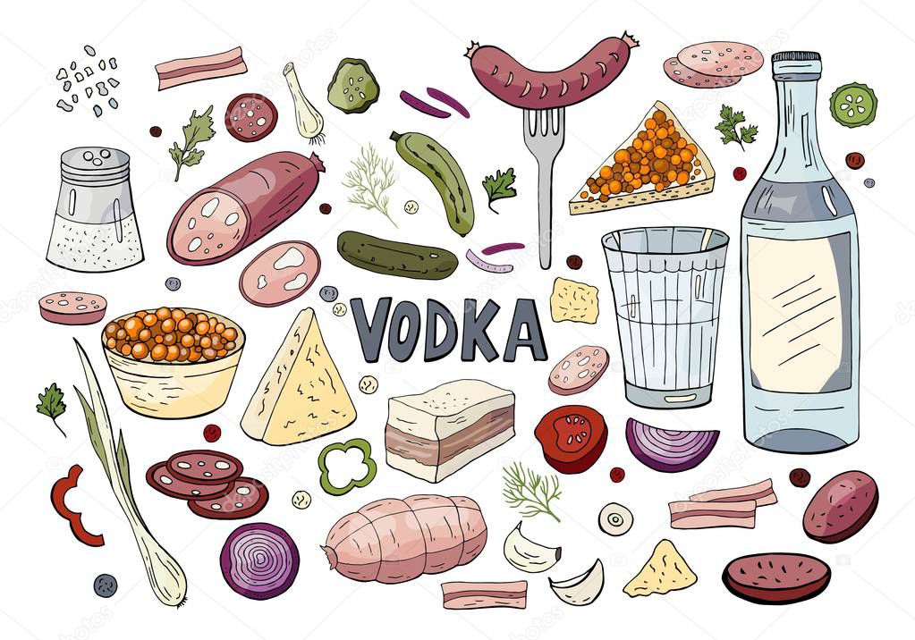 Set of hand drawn russian vodka and different food isolated on w