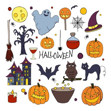 Beyaz arka plan üzerinde elle çizilmiş Cadılar Bayramı öğeleri kümesi