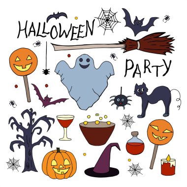 Cadılar Bayramı par için elle çizilmiş öğeleri kümesi