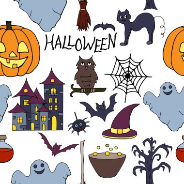 El ile Seamless Modeli Cadılar Bayramı öğeleri beyaz arka plan üzerinde çizilmiş.