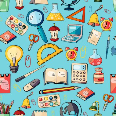 Kesintisiz renkli el çizilmiş desen ile sabit mavi bac üzerinde