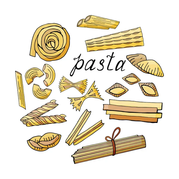 Set of elements of different kinds of pasta on a white background — Stock Vector