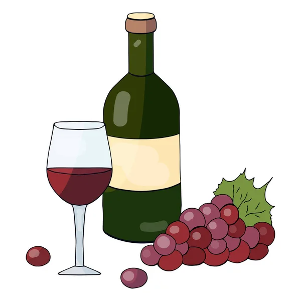 Butelka czerwonego wina, kieliszek wina i winogron na białym tle — Wektor stockowy