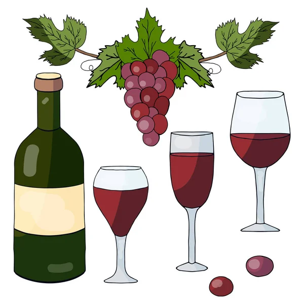 Zestaw elementów ręcznie rysowane: butelka czerwonego wina, okulary i winogron na białym tle — Wektor stockowy