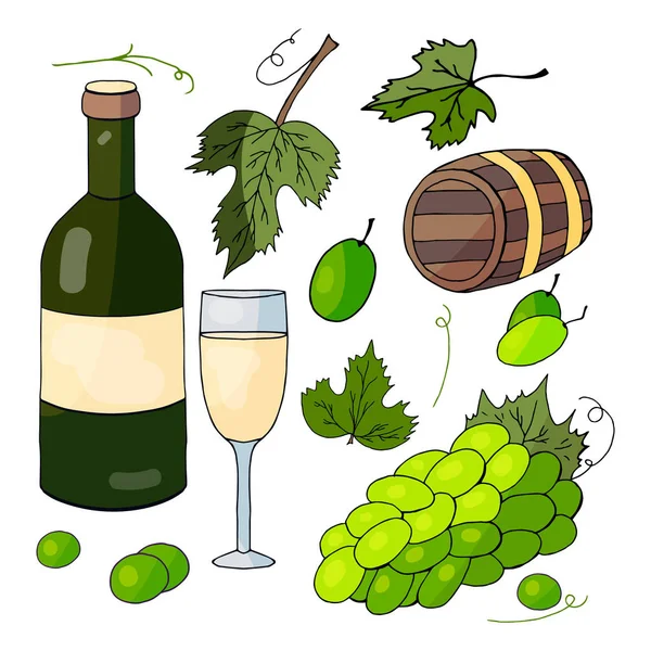 Białe wino, kilka winogron i liście winogron — Wektor stockowy