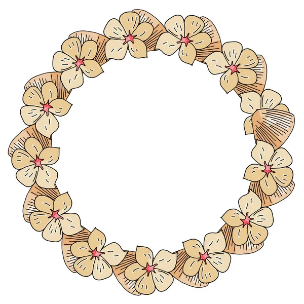 Corona dibujada a mano de una flor de plumeria y conchas marinas sobre un fondo blanco — Vector de stock