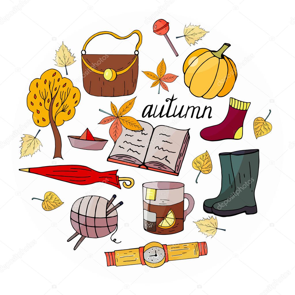 Set of hand-drawn autumn elements in circle on a white background