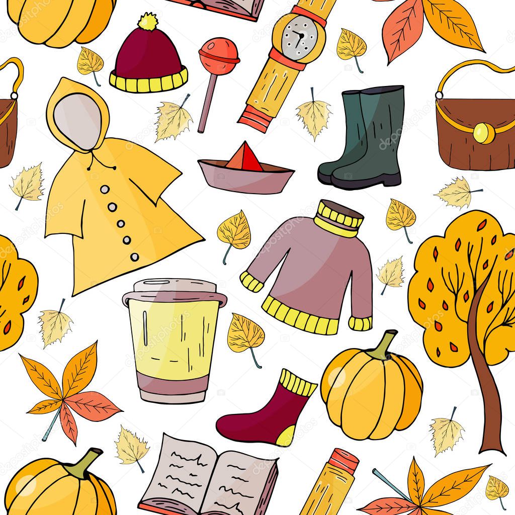 Seamless hand drawn pattern with  autumn elements on white background