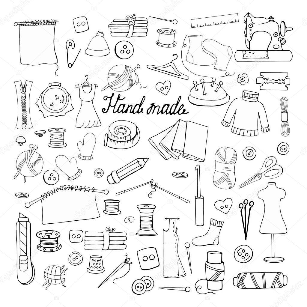Set of hand-drawn black and white elements for sewing on a white background
