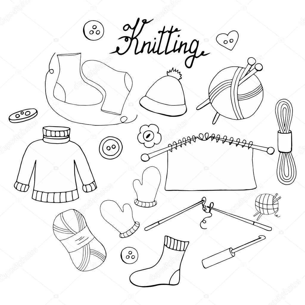 A set of hand-drawn objects for knitting 