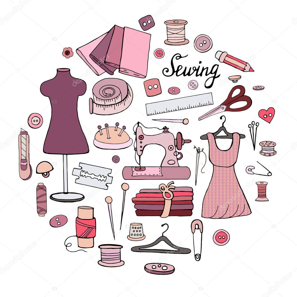 Set of different objects for sewing on a white background