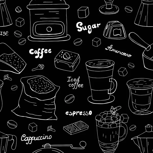 Diferente patrón de café dibujado a mano, línea blanca en el bac negro — Archivo Imágenes Vectoriales