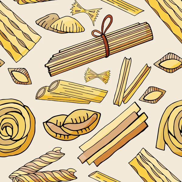 Seamless mönster med olika typer av pasta på en ljus backg — Stock vektor