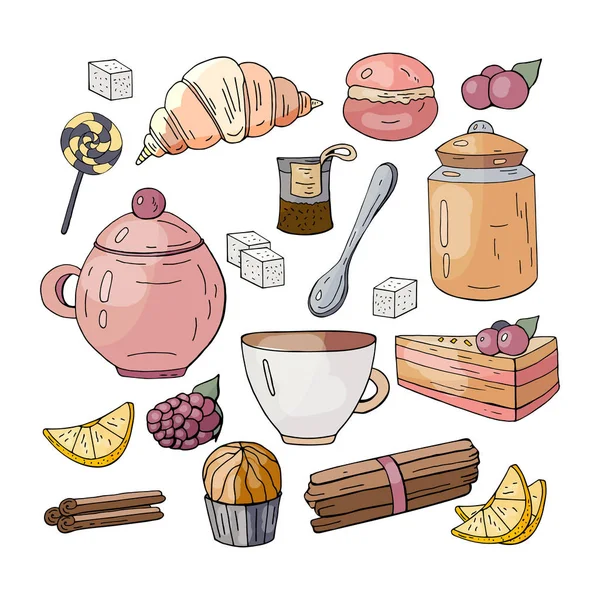 Beállítása egy teadélután, fehér alapon. Édesség, tea — Stock Vector