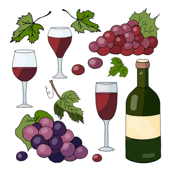 Butelka wina, winogrona i kieliszki do wina na białym tle — Wektor stockowy